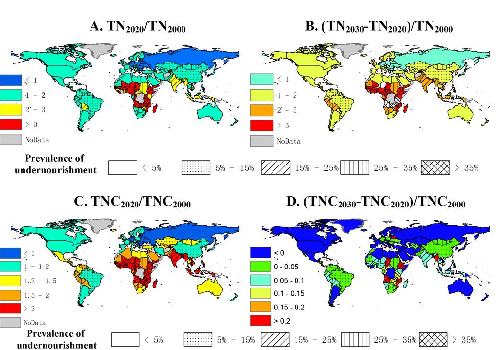 Fig. S2. Total nitrogen input (TN) of food production to meet the hunger eradication target (in the baseline scenario), and the relationship with the prevalence of undernourishment.