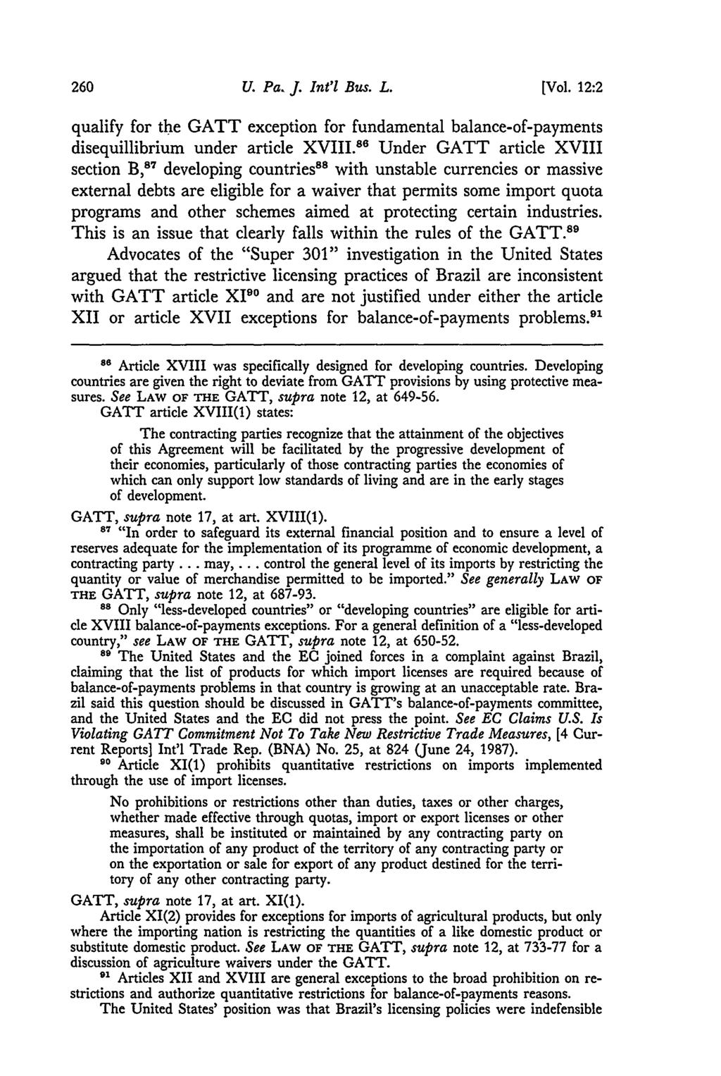 U. Pa. J. Int'l Bus. L. [Vol. 12:2 qualify for the GATT exception for fundamental balance-of-payments disequillibrium under article XVIII.