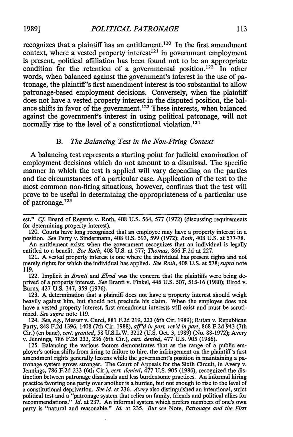 1989] POLITICAL PA TR ONA GE recognizes that a plaintiff has an entitlement.