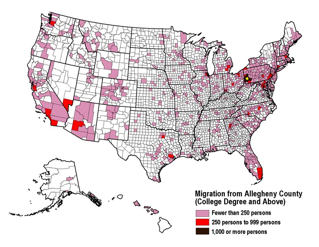 Figure 9 Total migration of college educated persons ages 25 and over from Allegheny County, Pa., to other U.S. counties, 1995-2000 Source: U.S. Census Bureau, 2000 census.
