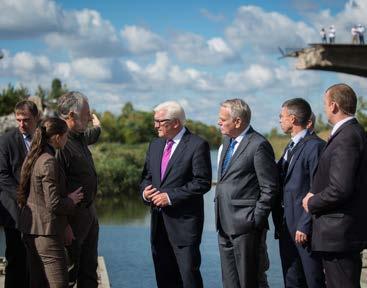 OSCE Chairperson-in-Office Steinmeier, together with French Foreign Minister Ayrault, visited the collapsed Sloviansk Bridge during a joint trip to eastern Ukraine, 15 September 2016.