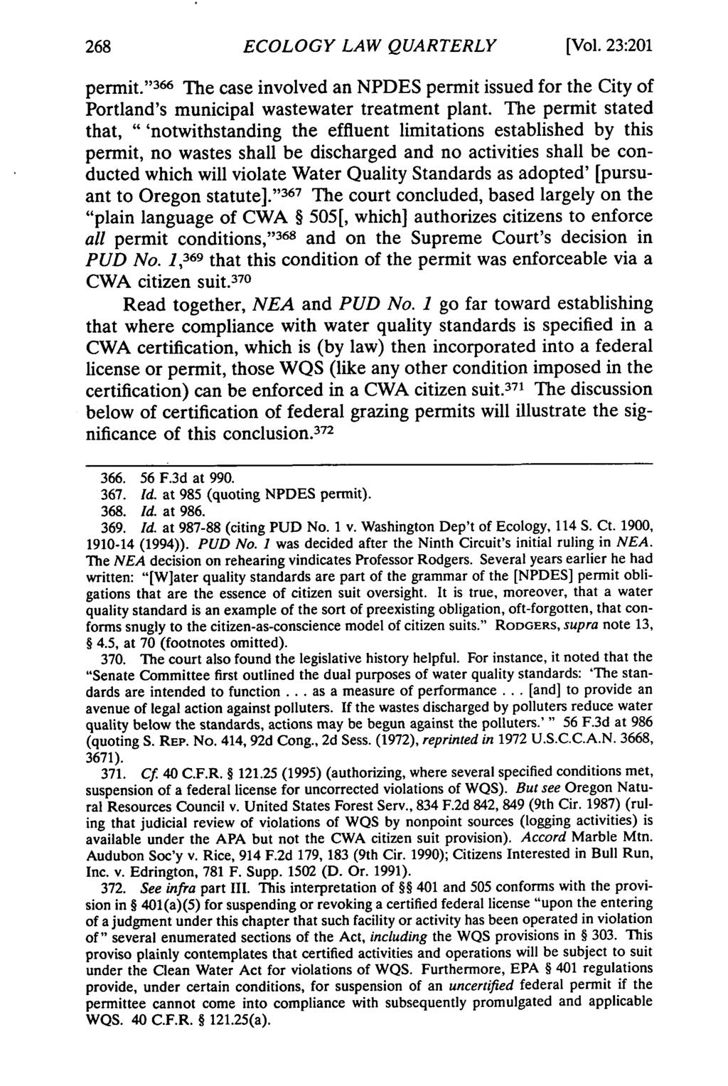 ECOLOGY LAW QUARTERLY [Vol. 23:201 permit. '366 The case involved an NPDES permit issued for the City of Portland's municipal wastewater treatment plant.