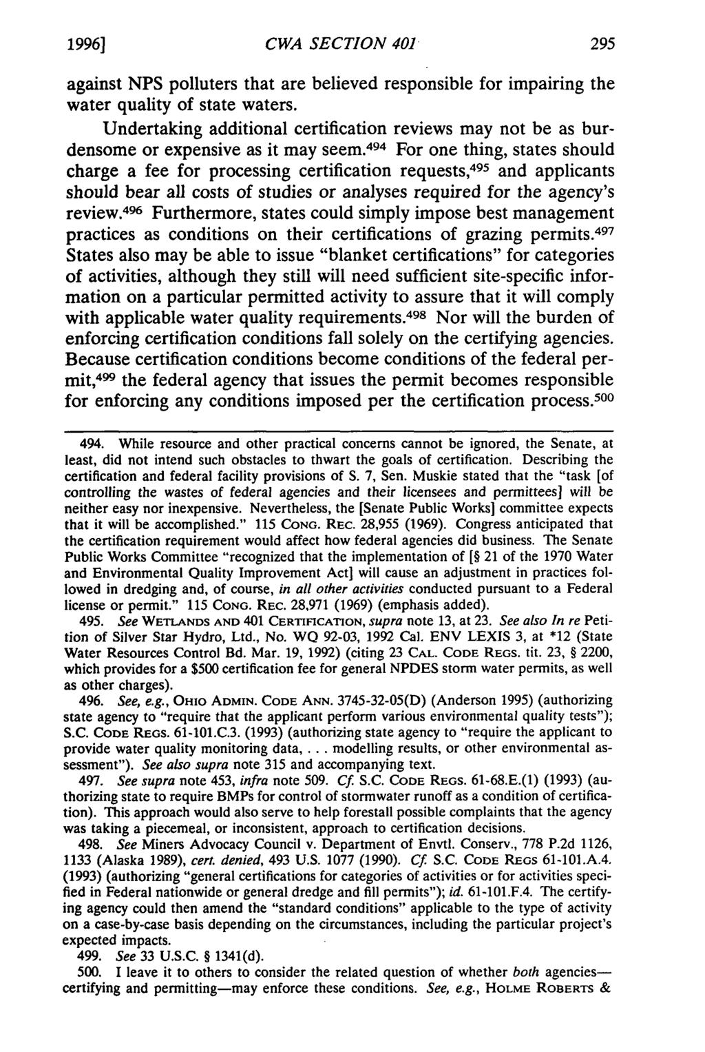 1996] CWA SECTION 401 against NPS polluters that are believed responsible for impairing the water quality of state waters.