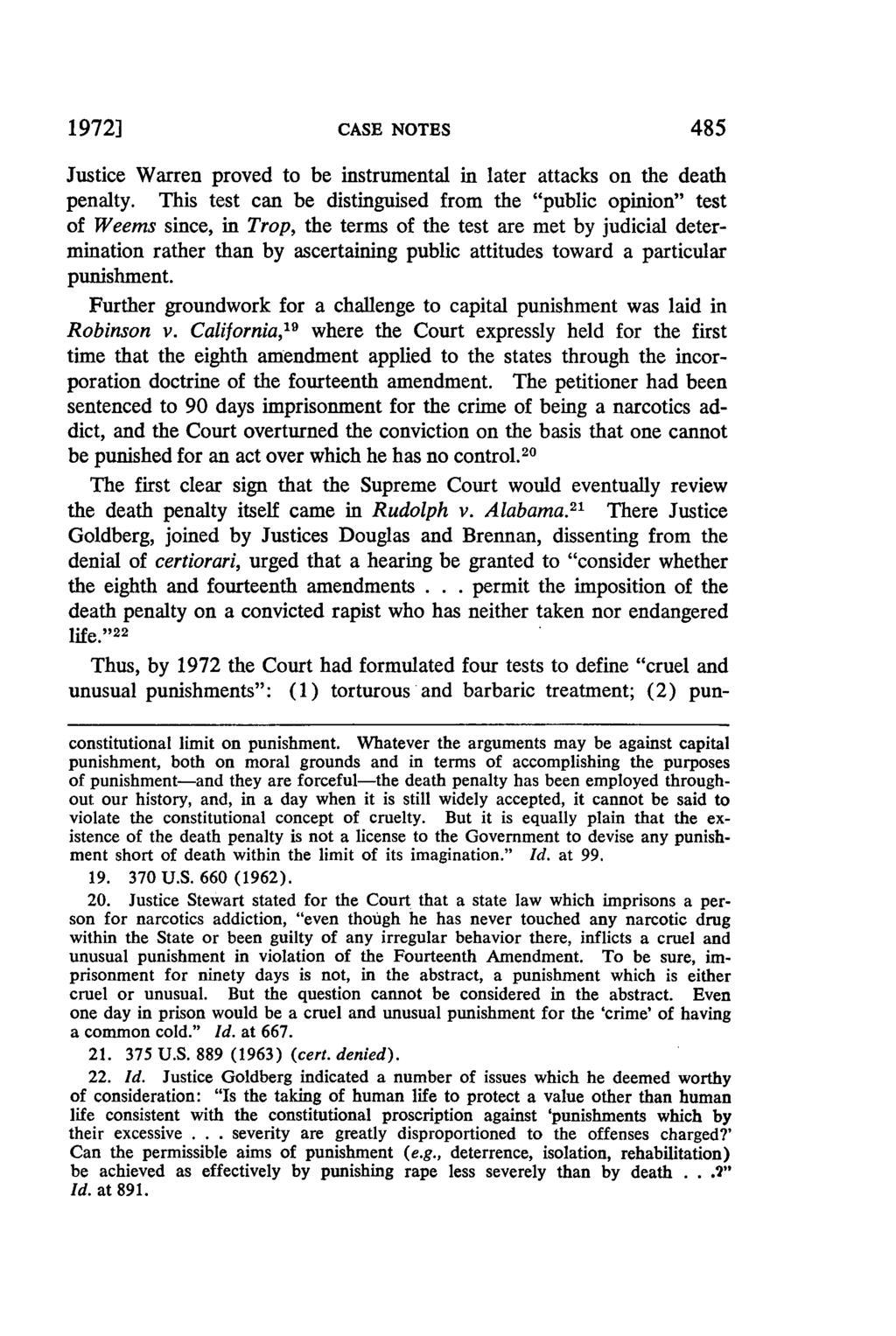 19721 CASE NOTES 485 Justice Warren proved to be instrumental in later attacks on the death penalty.