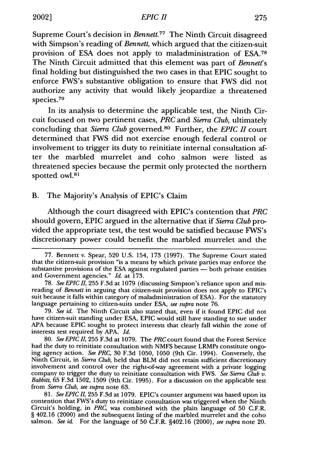 2002] Cortese: Environmental Protection EPIC Information H Center v. the Simpson Timber 275 Supreme Court's decision in Bennett.