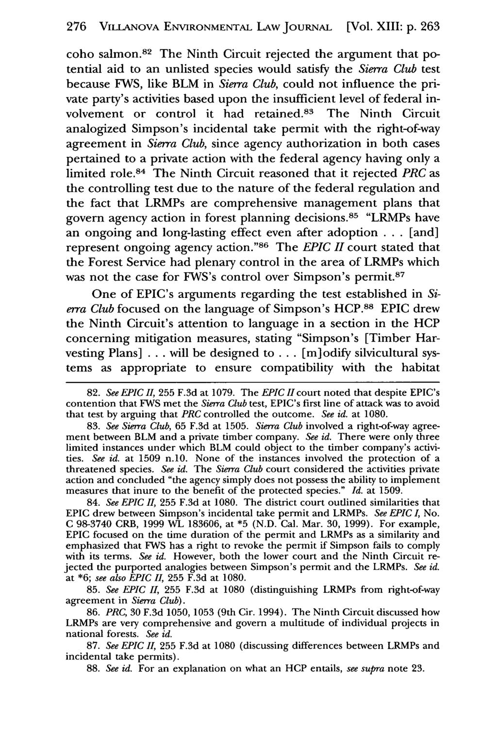 276 VILLANOVA Villanova Environmental ENVIRONMENTAL Law Journal, LAw Vol. JouRNAL 13, Iss. 2 [2002], Art. [Vol. 3 XIII: p. 263 coho salmon.