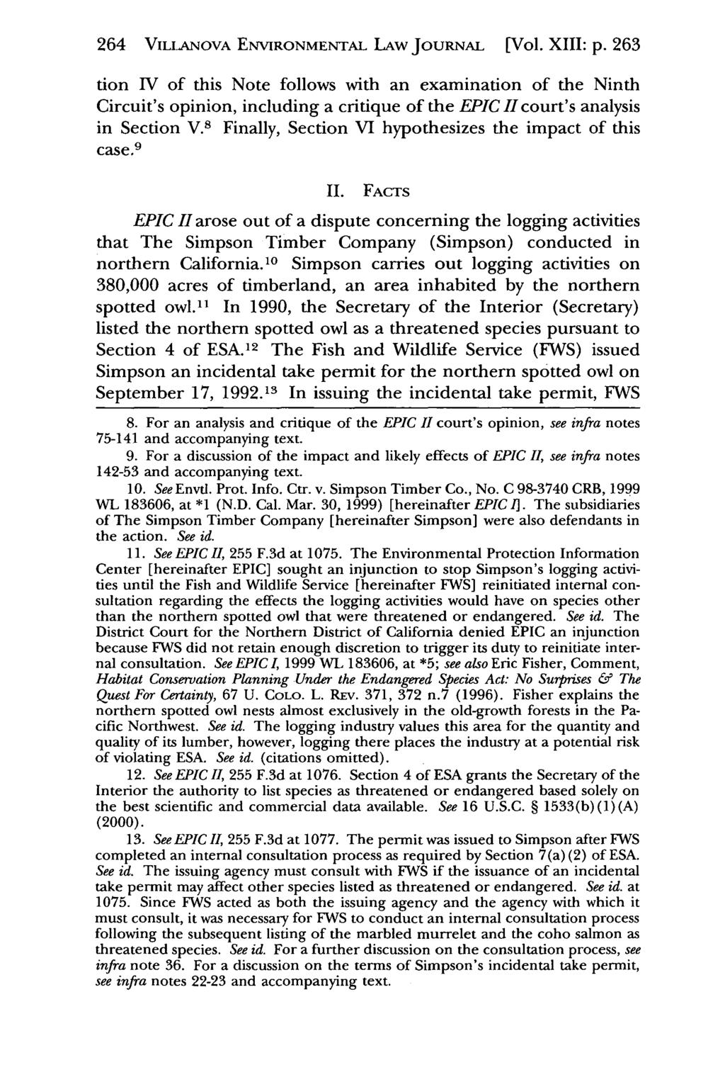 264 VILLANovA Villanova Environmental ENVIRONMENTAL Law Journal, LAw Vol. JouRNAL 13, Iss. 2 [2002], Art. [Vol. 3 XIII: p.