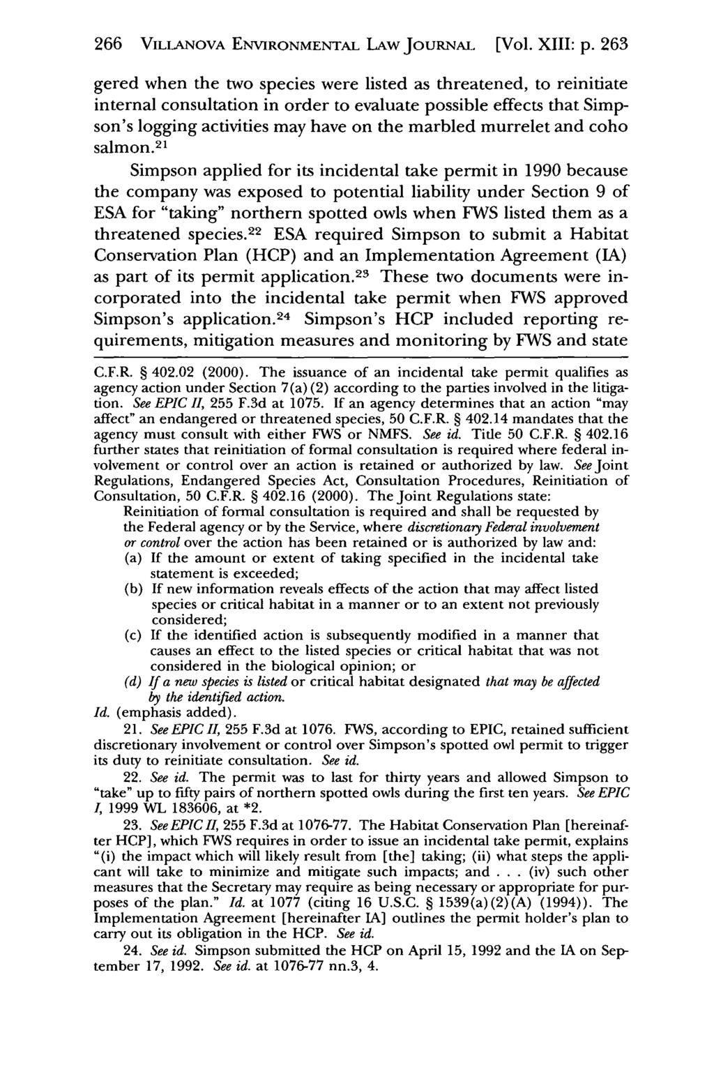 266 VILLANOVA Villanova Environmental ENVIRONMENTAL Law Journal, LAw Vol. JouRNAL 13, Iss. 2 [2002],[Vol. Art. 3 XIII: p.