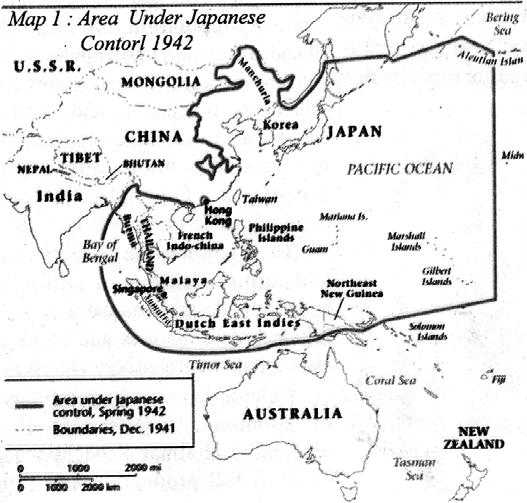 8. Read the below graph and answer the following. a) Which country under Japanese control in 1942 called as Dutch East Indies? A: Indonesia b) Which is a buffer state between India and China in 1942?