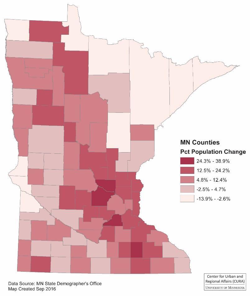 Minnesota Population Trends Population projected to grow at slower rate beginning 2030 Projected Change in MN Population by County (2015-2045)