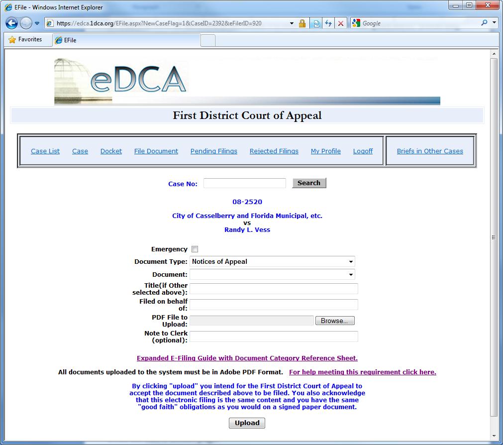 E-Filing Overview Document Filing - User Uploaded Document As of August 9, 2010 the First District Court of Appeal accepts electronic filing for any document type.