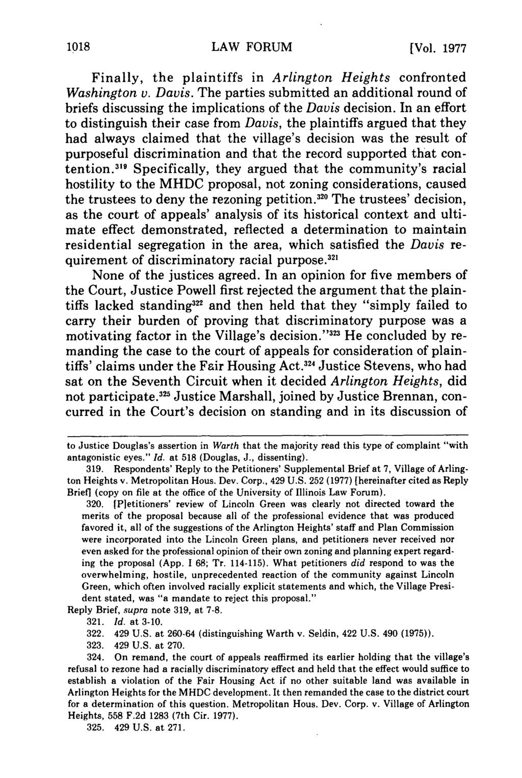1018 LAW FORUM [Vol. 1977 Finally, the plaintiffs in Arlington Heights confronted Washington v. Davis.