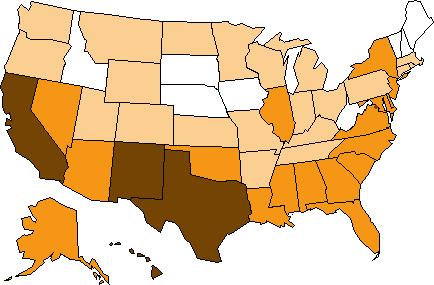 The RAE can be found across the United States. The vast majority of states have 40% or higher RAE population.