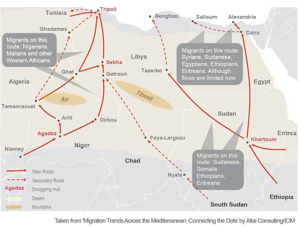 6 The Central Mediterranean route: Deadlier than ever Issue No. 3, June 2016 Map 2: Main migration routes to North Africa on the Central Mediterranean route Source: Malakooti, 2015.