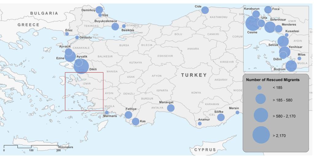 Main exit points from Turkey to Greece identified in 2017 Maritime incidents