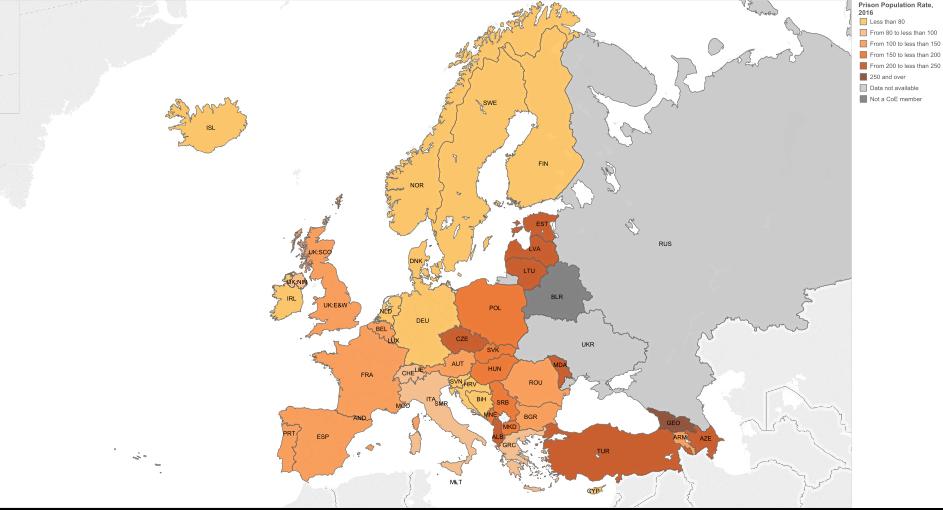 1. Prison Population Rates In 2016, the number of inmates per 100,000 inhabitants in European countries was distributed almost in the same way as in 2015 (see Map 1).