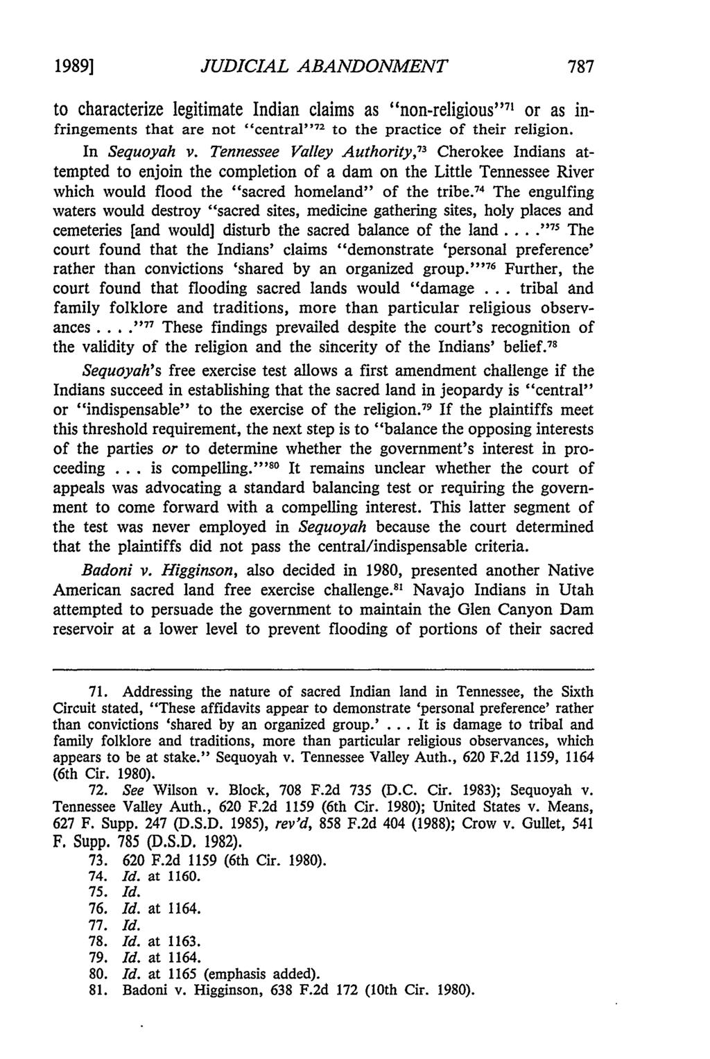 1989] Gillingham: Gillingham: Native American First Amendment JUDICIAL ABANDONMENT to characterize legitimate Indian claims as "non-religious"', or as infringements that are not "central ' 72 to the