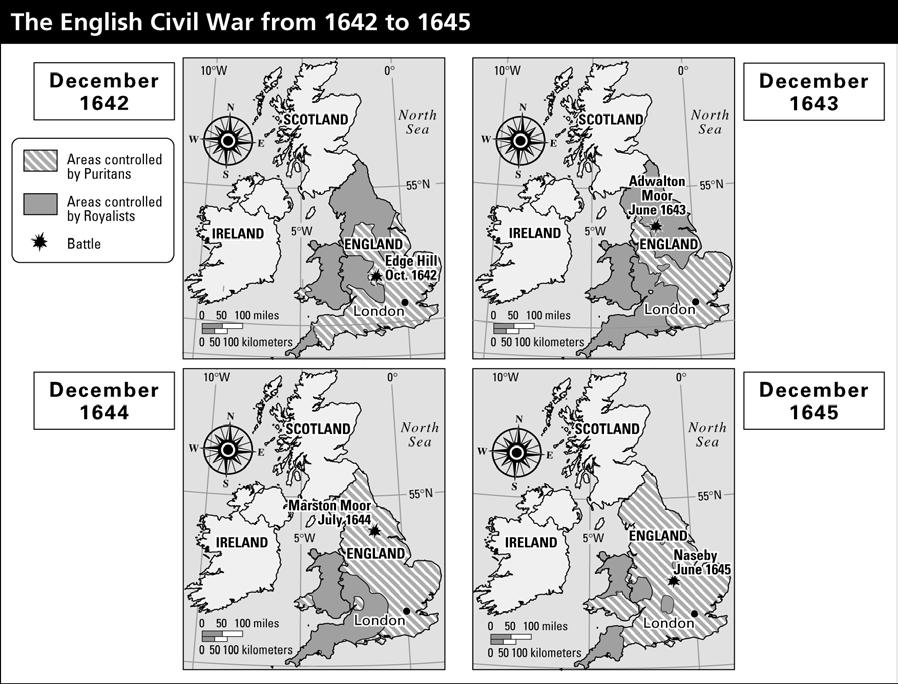 Map Skills 6) Which regions did the Royalists control in 1645?