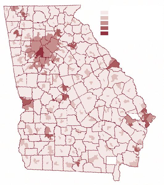Map 1. Where People Live in Georgia Low Density Areas Areas of Significant Density Suburban Areas Other MSA Core Areas Atlanta Urban Core Source: Categories were generated using U.S. Census 2000 data.