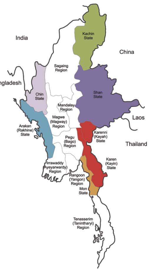 Map of Burma (Ethnic States in Color) Copyright: The