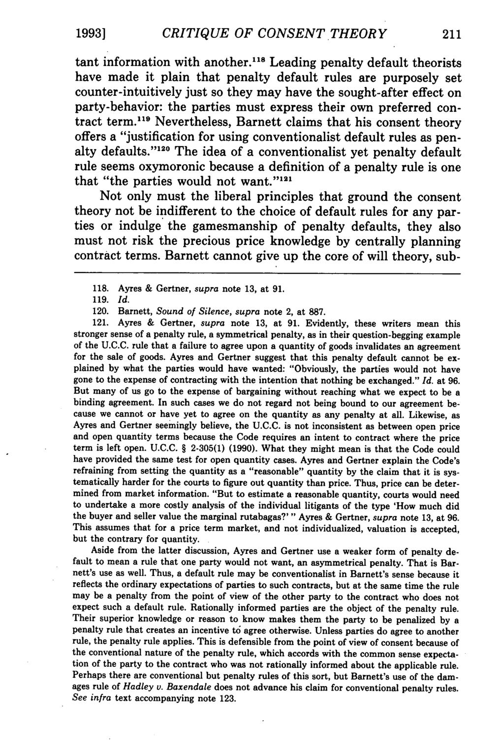 1993] CRITIQUE Kalevitch: Gaps OF in Contracts CONSENT THEORY 211 tant information with another.