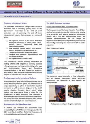 Assessment Based National Dialogue on Social protection in Asia and the Pacific The factsheet describes the assessment based national dialogue exercise and the three steps of the process.