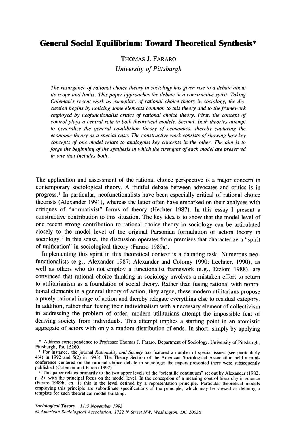 General Social Equilibrium: Toward Theoretical Synthesis* THOMAS J.