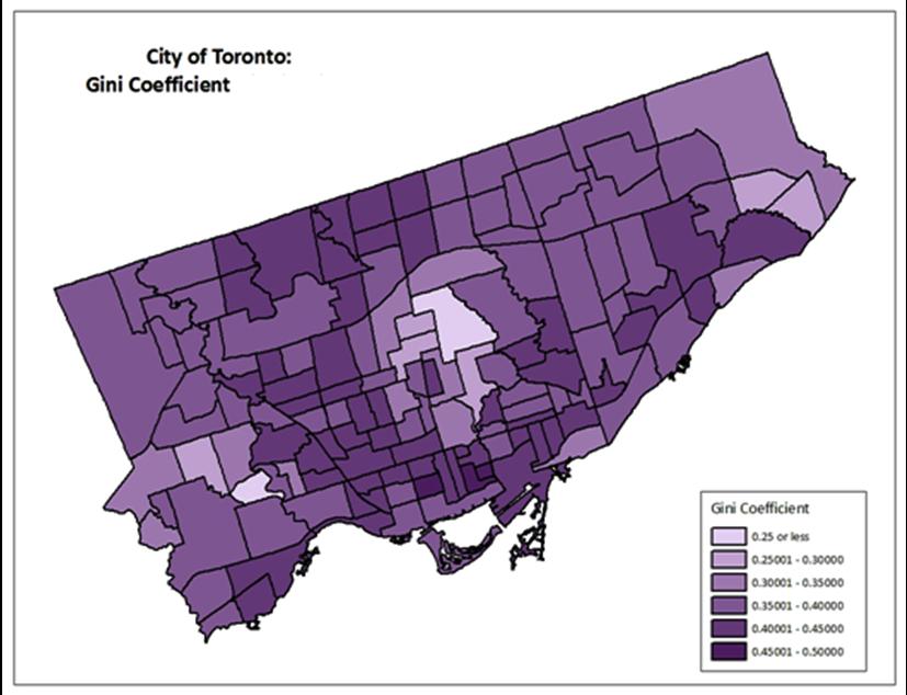 Figure 4: City of Toronto neighbourhoods showing Gini coefficient category Source: 2006 Census data and City of Toronto (2004).