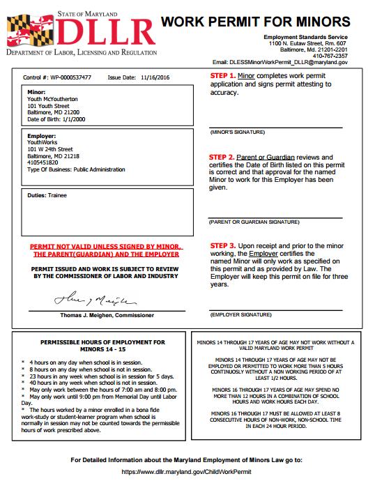 WORK PERMIT ONLINE APPLICATION (AGES 13 17) Print the work permit, not a print screen of