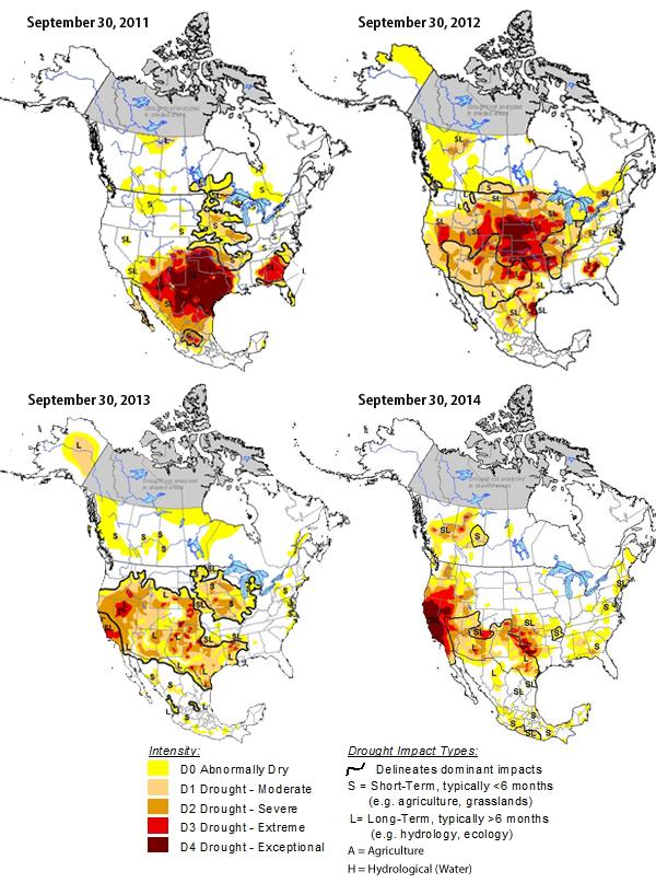 Figure 3. Evolution of North American Drought from 2011 to 2014 Source: North American Drought Monitor maps (minor modifications by CRS), available at http://www.ncdc.noaa.