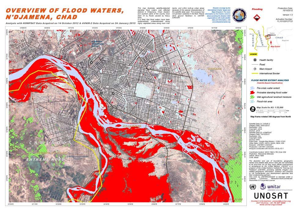 Chad and Cameroon saw large scales floods in 2012 and UNOSAT was called by UNICEF to map the situation. UNOSAT has a long-term project in Chad and staff on the ground in N Djamena.