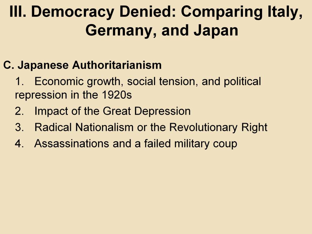 III. Democracy Denied: Comparing Italy, Germany, and Japan C. Japanese Authoritarianism 1.