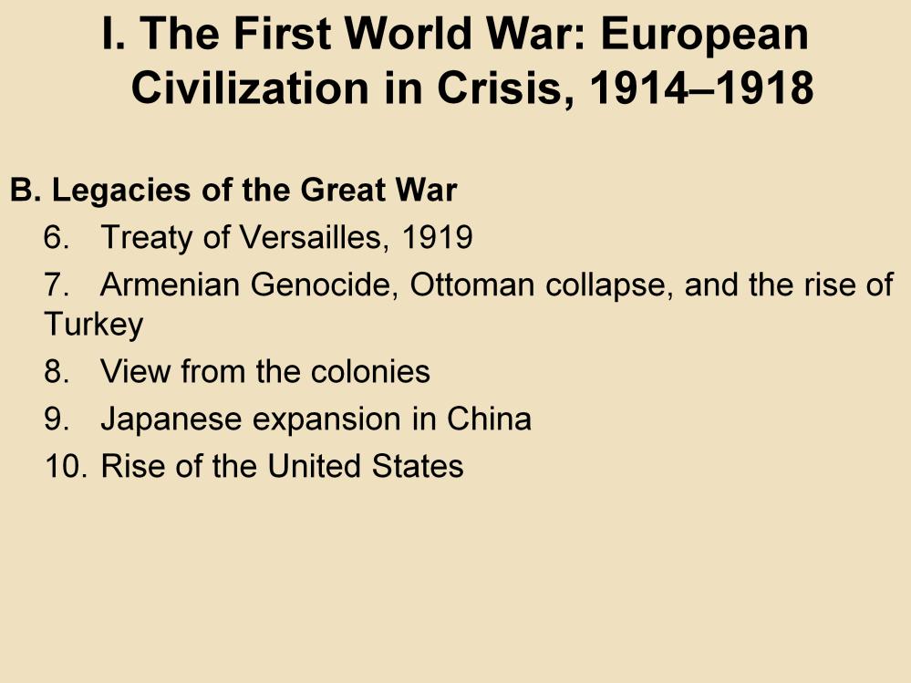 I. The First World War: European Civilization in Crisis, 1914 1918 B. Legacies of the Great War 6.
