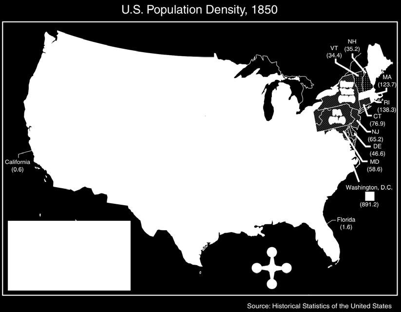 30 According to the information on the map, in 1850 the population density was the greatest F along the Pacific Coast G