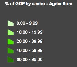 Q3: What is the range of percentages for the darkest color of the agriculture layer in the table of contents? Q4: Most countries with >40% of GDP in agriculture are located on which continent?
