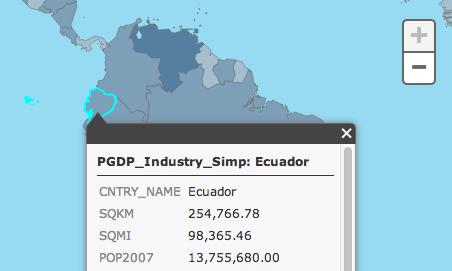 Identify window is visible. 11. Pan the map down until the entire 12. Click on Ecuador in the Agriculture and Services windows. 13.