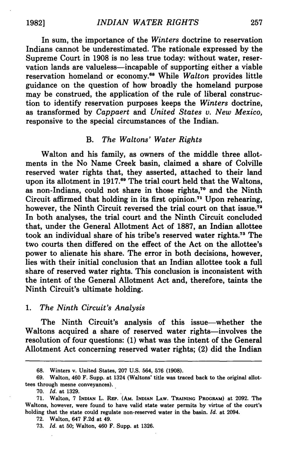 19821 Isham: Indian Water Rights INDIAN WATER RIGHTS In sum, the importance of the Winters doctrine to reservation Indians cannot be underestimated.