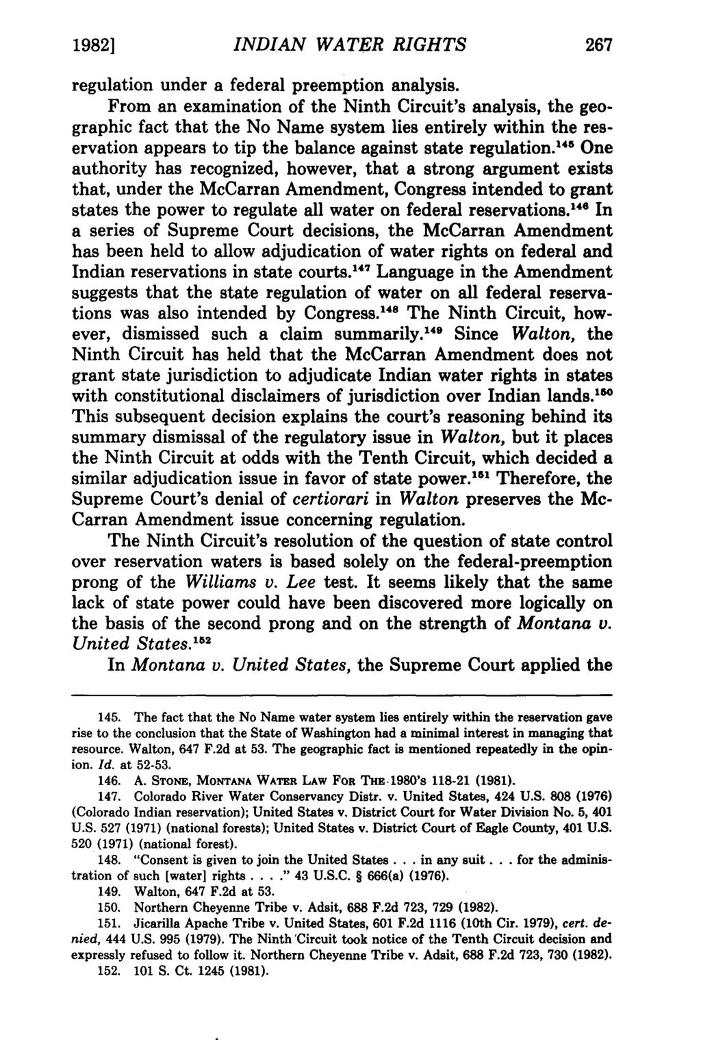 19821 INDIAN Isham: Indian WATER Water Rights RIGHTS 267 regulation under a federal preemption analysis.