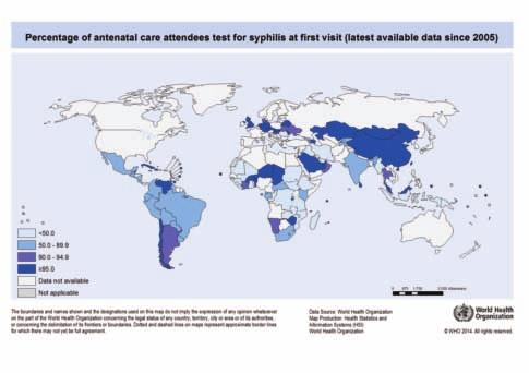 and management, and, where data are available, these highlight the low levels of screening at first antenatal visit across several countries in Africa, South America, the Middle East and parts of