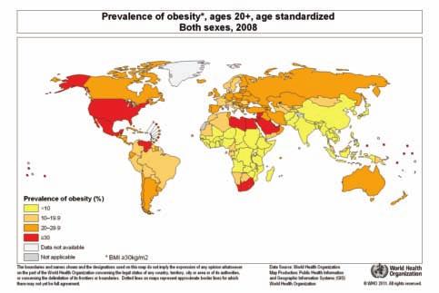 FIGURE 41 Prevalence of obesity, ages 2 and over, age standardized, both sexes, 28 Source: WHO, Global Health Observatory map gallery, available from www.who.int/gho/map_gallery/en/index.