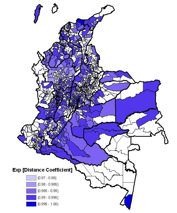 At departmental level, in Antioquia, Boyacá, Risaralda and Santander the percentages of municipalities in the two first deciles of exp[distance Coefficient] are between 45% and 79%, which