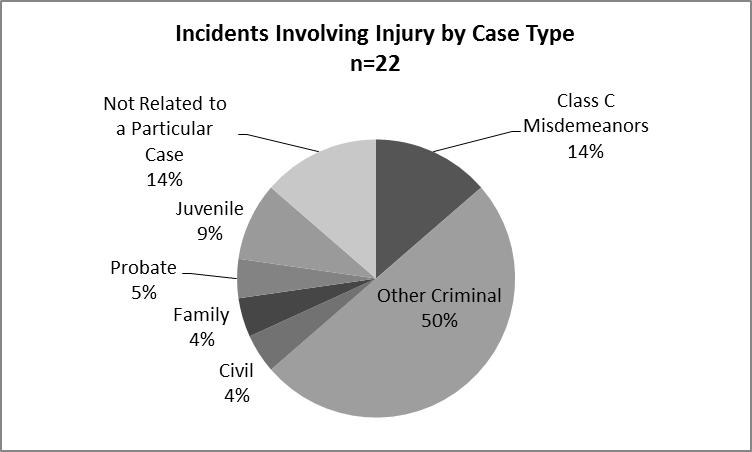 Fifty percent (or 11 incidents) of the 22 incidents that resulted in injury involved criminal cases (Class B misdemeanors or higher level offenses).