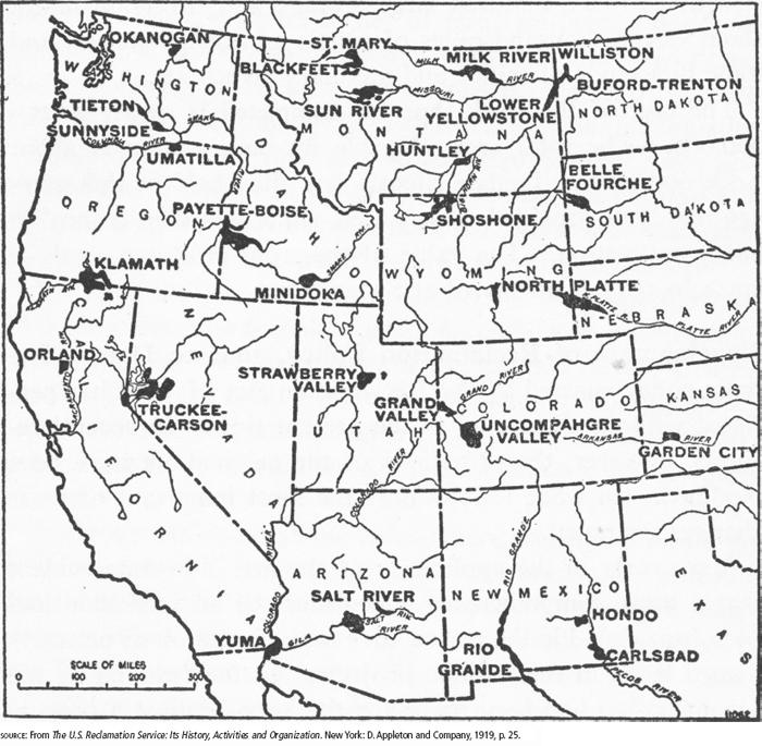Illustration from 1919 showing the principal irrigation projects in the western part of the United States Today, USBR manages many outdoor recreation properties and provides flood control and drought