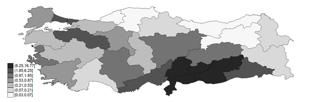 Figure 1: Distribution of Syrian refugees in 2015 Refugee-population ratio is particularly high in Kilis, Hatay, Gaziantep, Sanliurfa and Mardin.