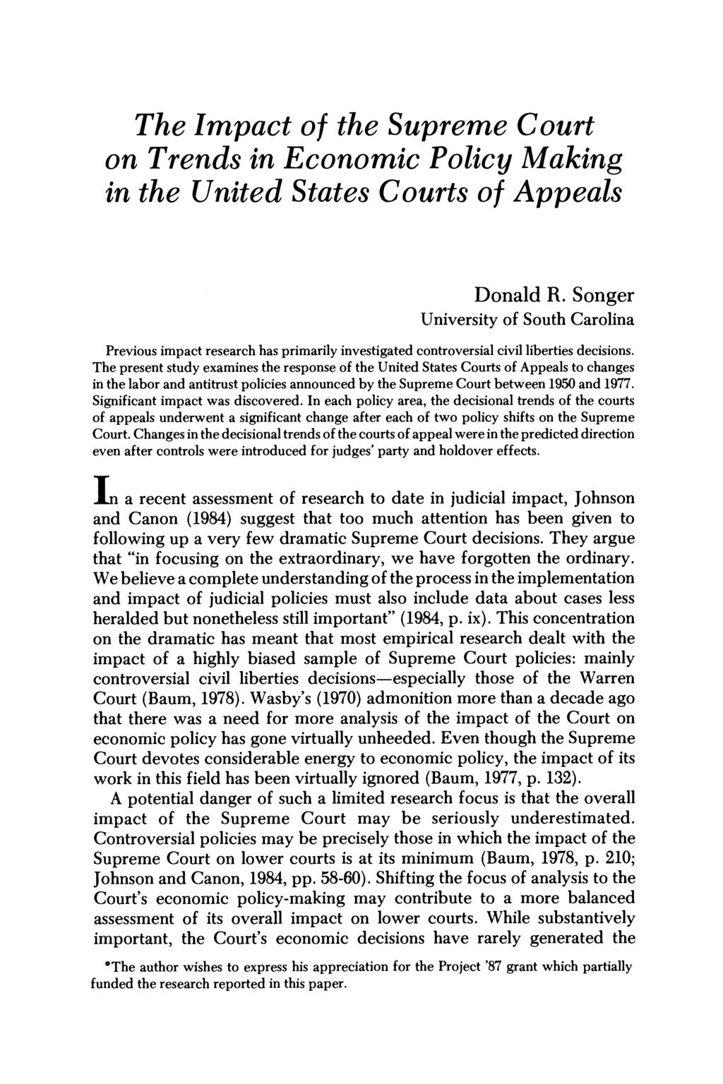 The Impact of the Supreme Court on Trends in Economic Policy Making in the United States Courts of Appeals Donald R.