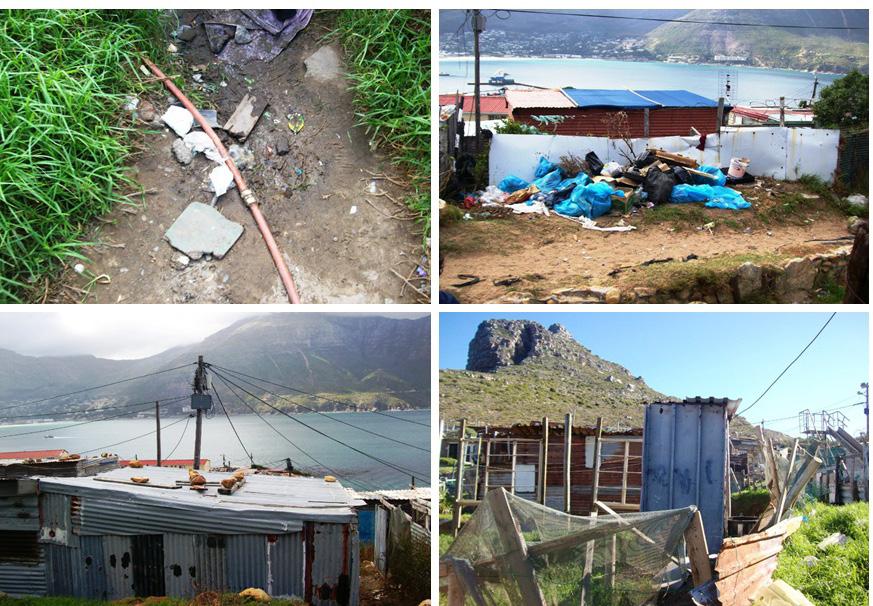 Figure 9: Infrastructure and services in the Hangberg informal settlement (informal water-connection, dumping station, electricity connections and sanitation facility) Source: Own photographs (2011)