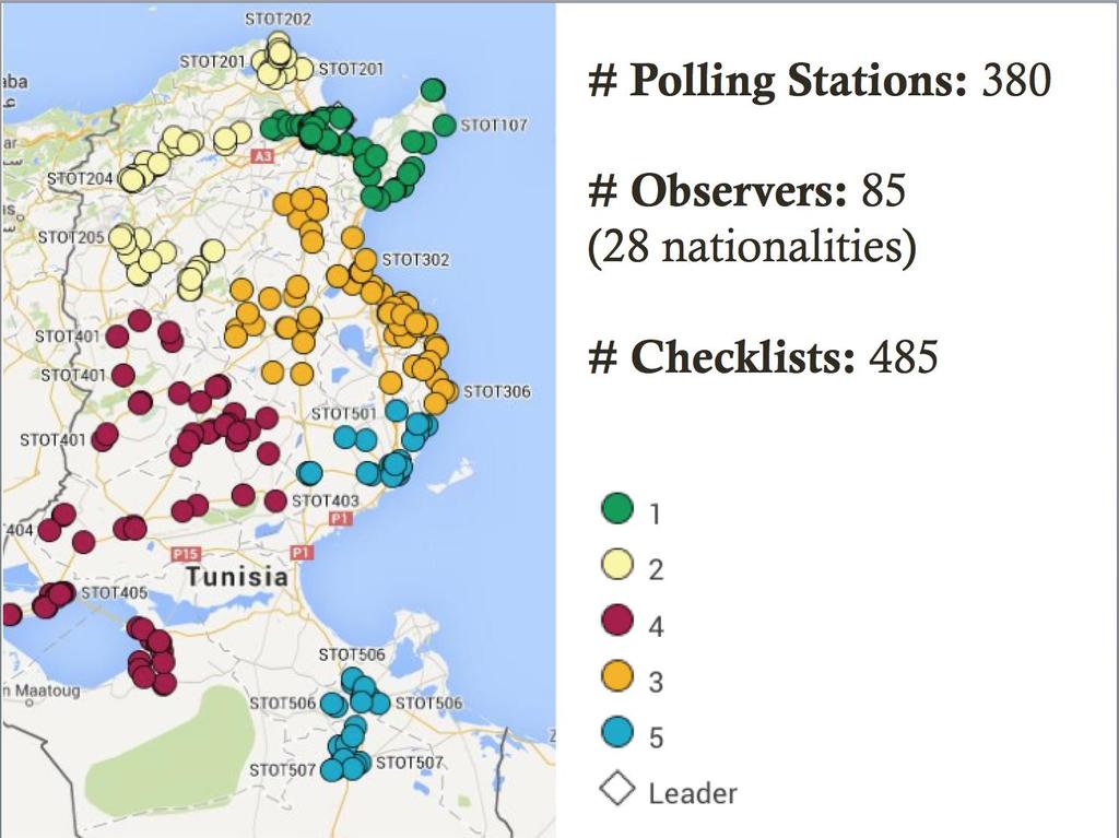 Data modeled from ELMO to show the number of polling stations visited, observers present and checklists submitted during Tunisia