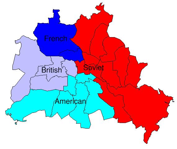 four zones, occupied by French, British, American, and Soviet troops.