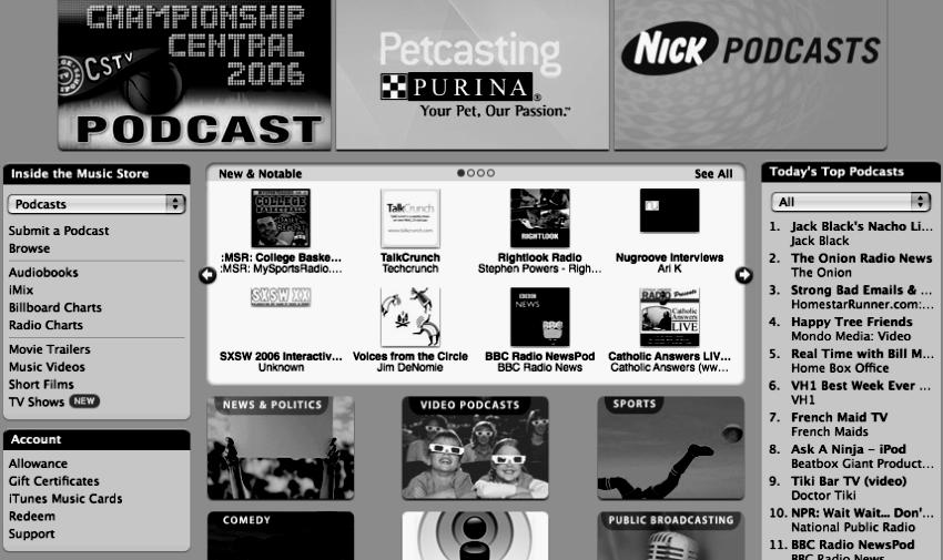 Podcasts ipod + broadcast = podcast Distribution of audio or video files over the Internet Listen to what you want, when you want Content Pre-existing radio shows Independent audio programs Education