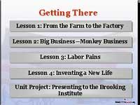 #4 This slide provides a short overview of the whole unit. (Click to show the lesson 1 box.) Lesson 1 is a review of the early part of the Industrial Revolution in America.